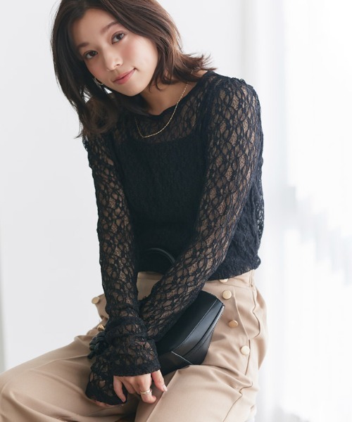 Pierrot(ピエロ)の「袖シャーリングレースカットソー(Tシャツ/カットソー・レディース・ブラック/アイボリー・M/L)」の15枚目の写真