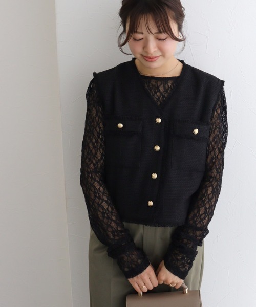 Pierrot(ピエロ)の「袖シャーリングレースカットソー(Tシャツ/カットソー・レディース・ブラック/アイボリー・M/L)」の20枚目の写真