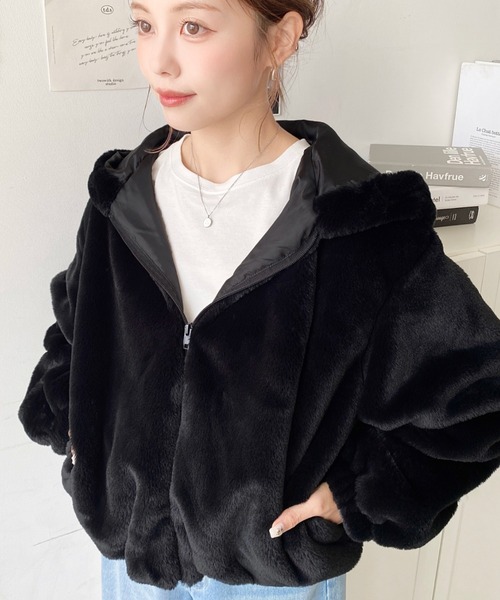 マーク&ロナ パーカー付Wジップ式アウターブルゾン ブラック マーク