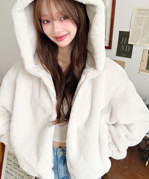 セール】ショート丈ジップパーカーフェイクファーブルゾン（パーカー