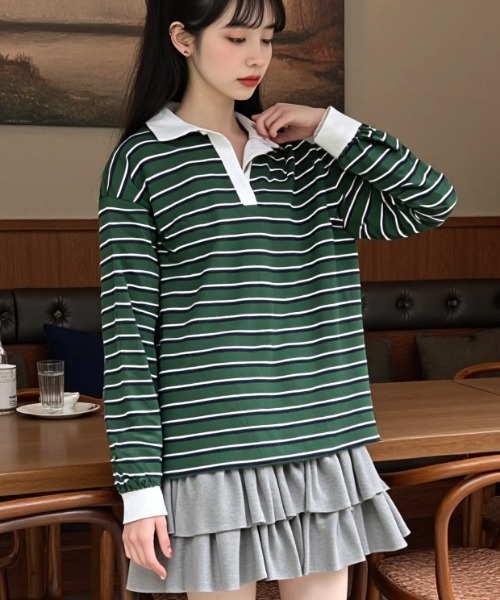 paravion（パラビオン）の「ラガーシャツ（Tシャツ/カットソー・レディース・グリーン/レッド/ネイビー・FREE）」の2枚目の写真