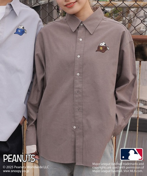 ブラウス シャツ MLB×PEANUTSコラボワッペンオックスシャツ/ドジャース・ヤンキース・パドレス・メッツ/ピーナッツ/ユニセックス レディース DOUBLE NAME ブラウス シャツ MLB×PEANUTSコラボワッペン