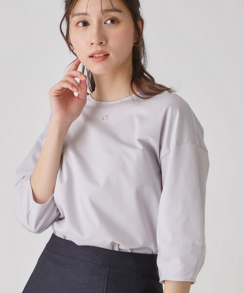 tシャツ 「洗える／日本製／清涼感」ストライプ柄ジャージのトップス レディース 洗える／日本製／清涼感】ストライプ柄ジャージのトップス（T