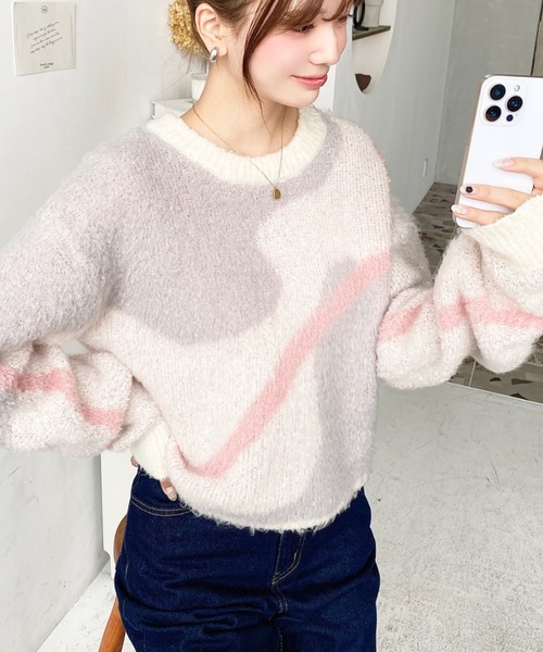 moment+（モーメントプラス）の「ニュアンスライン柄ジャガードニットプルオーバー（ニット/セーター・レディース・グレー/アイボリー/イエロー・L/M）」の7枚目の写真