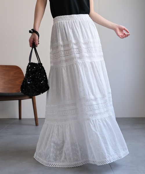 ap retro(アプレトロ)の「スカラップ刺繍ティアードスカート / レーススカート《動画あり》(スカート・レディース・ブラック/アイボリー/ブラウン/ホワイト/ホワイト系その他2/ブラック系その他/ホワイト系その他・FREE)」の4枚目の写真