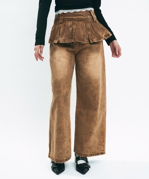 Clum(クルム)の「Brown wash skirt docking denim pants / ブラウンウォッシュスカートドッキングデニムパンツ(デニムパンツ・レディース・ブラウン・MEDIUM/SMALL)」の12枚目の写真