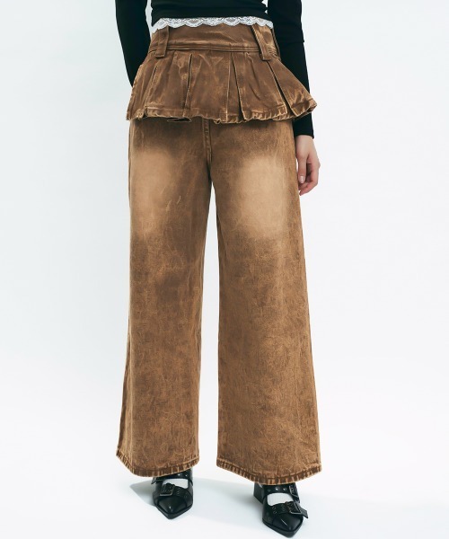 Clum(クルム)の「Brown wash skirt docking denim pants / ブラウンウォッシュスカートドッキングデニムパンツ(デニムパンツ・レディース・ブラウン・MEDIUM/SMALL)」の13枚目の写真