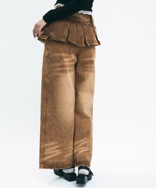 Clum(クルム)の「Brown wash skirt docking denim pants / ブラウンウォッシュスカートドッキングデニムパンツ(デニムパンツ・レディース・ブラウン・MEDIUM/SMALL)」の4枚目の写真
