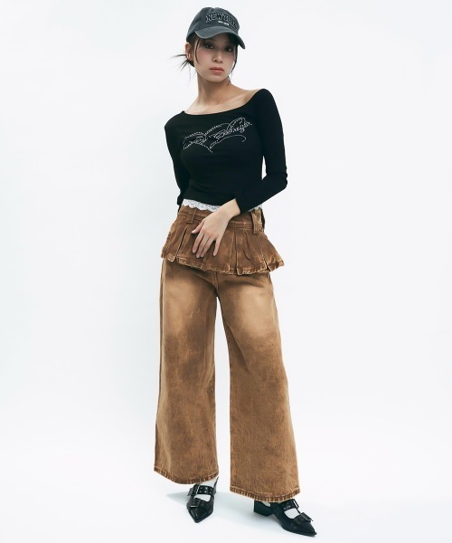 Clum(クルム)の「Brown wash skirt docking denim pants / ブラウンウォッシュスカートドッキングデニムパンツ(デニムパンツ・レディース・ブラウン・MEDIUM/SMALL)」の6枚目の写真