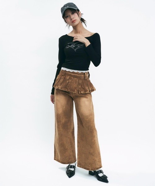 Clum(クルム)の「Brown wash skirt docking denim pants / ブラウンウォッシュスカートドッキングデニムパンツ(デニムパンツ・レディース・ブラウン・MEDIUM/SMALL)」の7枚目の写真