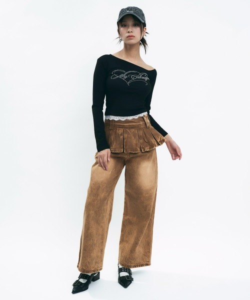 Clum(クルム)の「Brown wash skirt docking denim pants / ブラウンウォッシュスカートドッキングデニムパンツ(デニムパンツ・レディース・ブラウン・MEDIUM/SMALL)」の8枚目の写真