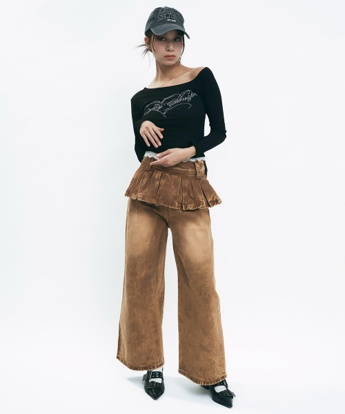 Clum(クルム)の「Brown wash skirt docking denim pants / ブラウンウォッシュスカートドッキングデニムパンツ(デニムパンツ・レディース・ブラウン・MEDIUM/SMALL)」の9枚目の写真
