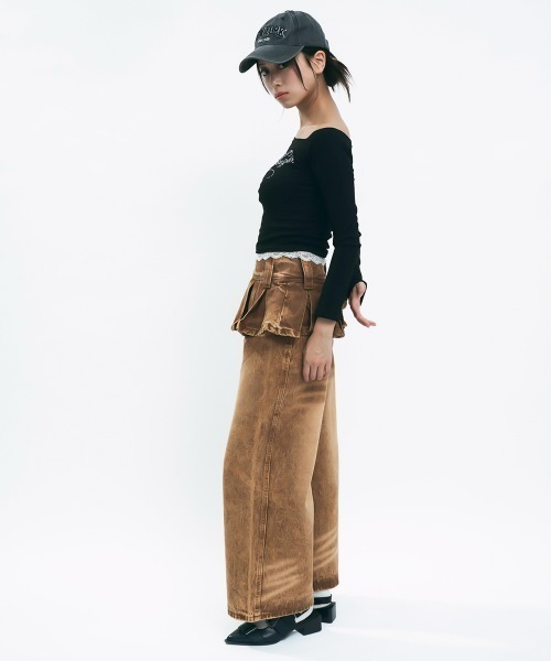 Clum(クルム)の「Brown wash skirt docking denim pants / ブラウンウォッシュスカートドッキングデニムパンツ(デニムパンツ・レディース・ブラウン・MEDIUM/SMALL)」の10枚目の写真