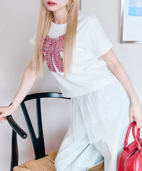 OLIVE des OLIVE(オリーブデオリーブ)の「リボンTシャツ(Tシャツ/カットソー・レディース・ネイビー/サックスブルー/オフホワイト・FREE)」の9枚目の写真