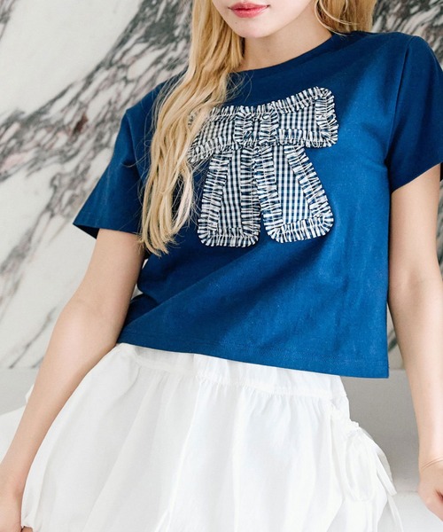 OLIVE des OLIVE(オリーブデオリーブ)の「リボンTシャツ(Tシャツ/カットソー・レディース・ネイビー/サックスブルー/オフホワイト・FREE)」の2枚目の写真