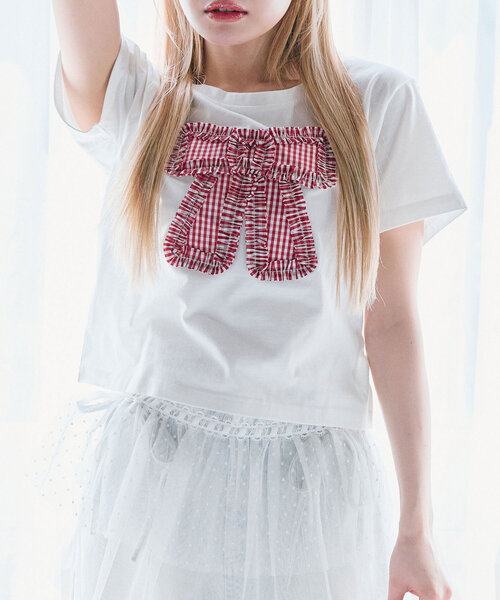 OLIVE des OLIVE(オリーブデオリーブ)の「リボンTシャツ(Tシャツ/カットソー・レディース・ネイビー/サックスブルー/オフホワイト・FREE)」の1枚目の写真