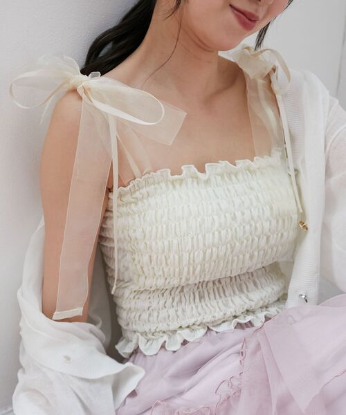 MAJESTIC LEGON（マジェスティックレゴン）の「カップ付ダブルリボンキャミソール（キャミソール・レディース・オフホワイト/ホワイト系その他/ブラック・MEDIUM）」の6枚目の写真