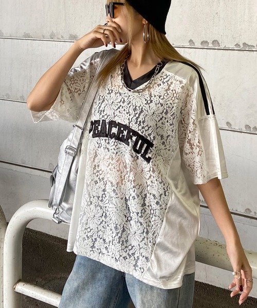 non-hedge(ノンヘッジ)の「レース切替ロゴビッグTシャツ(Tシャツ/カットソー・レディース・ブラック/オフホワイト・FREE)」の2枚目の写真