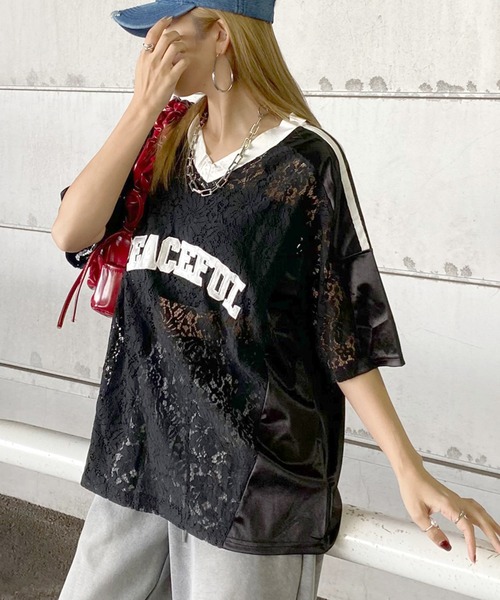 non-hedge(ノンヘッジ)の「レース切替ロゴビッグTシャツ(Tシャツ/カットソー・レディース・ブラック/オフホワイト・FREE)」の1枚目の写真