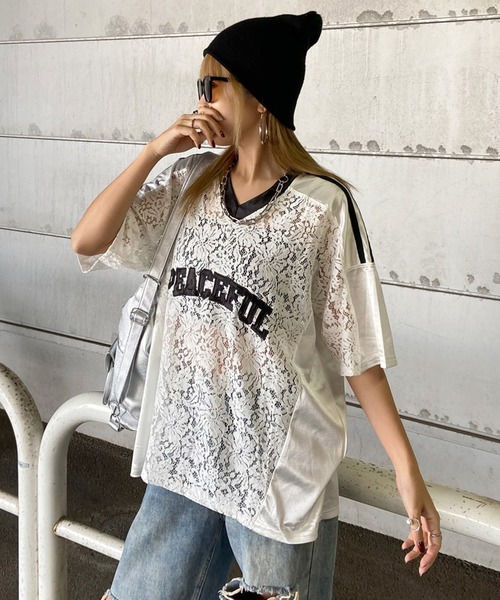 non-hedge(ノンヘッジ)の「レース切替ロゴビッグTシャツ(Tシャツ/カットソー・レディース・ブラック/オフホワイト・FREE)」の22枚目の写真