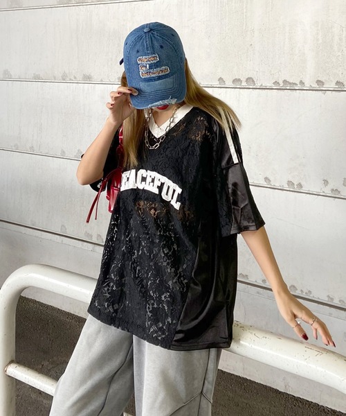 non-hedge(ノンヘッジ)の「レース切替ロゴビッグTシャツ(Tシャツ/カットソー・レディース・ブラック/オフホワイト・FREE)」の9枚目の写真