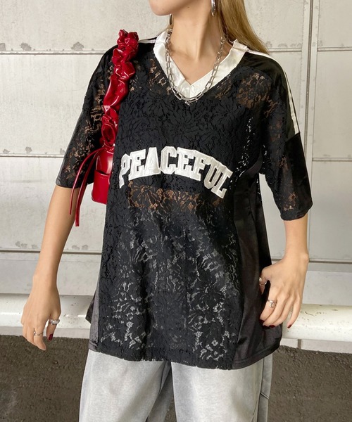 non-hedge(ノンヘッジ)の「レース切替ロゴビッグTシャツ(Tシャツ/カットソー・レディース・ブラック/オフホワイト・FREE)」の8枚目の写真