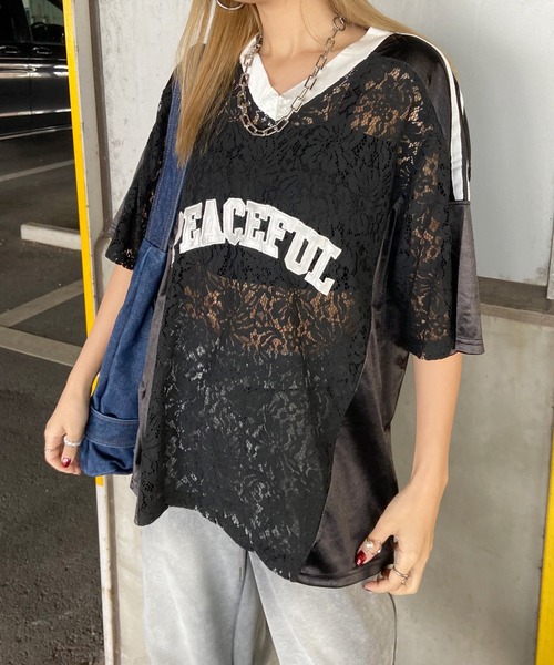 non-hedge(ノンヘッジ)の「レース切替ロゴビッグTシャツ(Tシャツ/カットソー・レディース・ブラック/オフホワイト・FREE)」の7枚目の写真