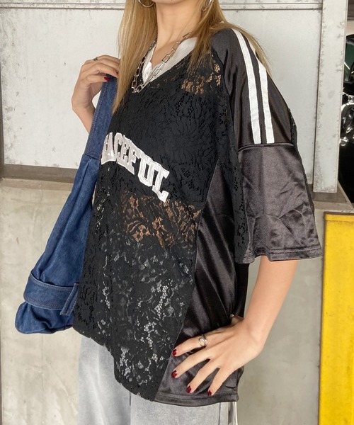 non-hedge(ノンヘッジ)の「レース切替ロゴビッグTシャツ(Tシャツ/カットソー・レディース・ブラック/オフホワイト・FREE)」の6枚目の写真