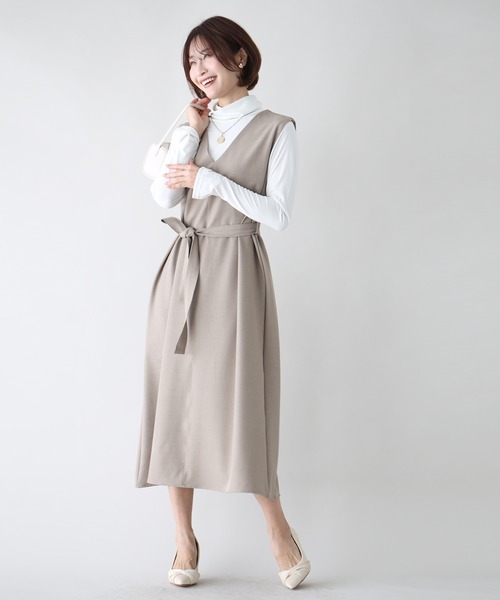 Ehre style(エーレスタイル)の「3つのシーンで着る逸品!ワンピ・お仕事・お出かけ・お呼ばれ(ジャンパースカート・レディース・ベージュ/グレー/ネイビー・FREE)」の4枚目の写真