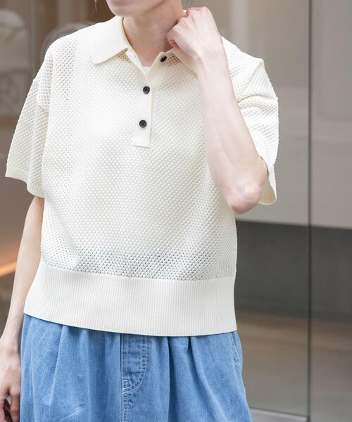 FORK&SPOON（フォークアンドスプーン）の「FORK&SPOON　メッシュパターンニットポロシャツ（ニット/セーター・レディース・オフホワイト/ブラック/レッド・1）」の2枚目の写真
