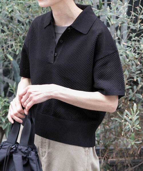 FORK&SPOON（フォークアンドスプーン）の「FORK&SPOON　メッシュパターンニットポロシャツ（ニット/セーター・レディース・オフホワイト/ブラック/レッド・1）」の3枚目の写真