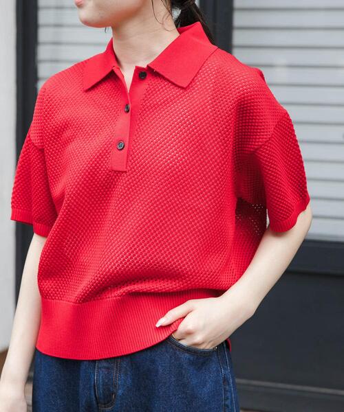 FORK&SPOON（フォークアンドスプーン）の「FORK&SPOON　メッシュパターンニットポロシャツ（ニット/セーター・レディース・オフホワイト/ブラック/レッド・1）」の18枚目の写真