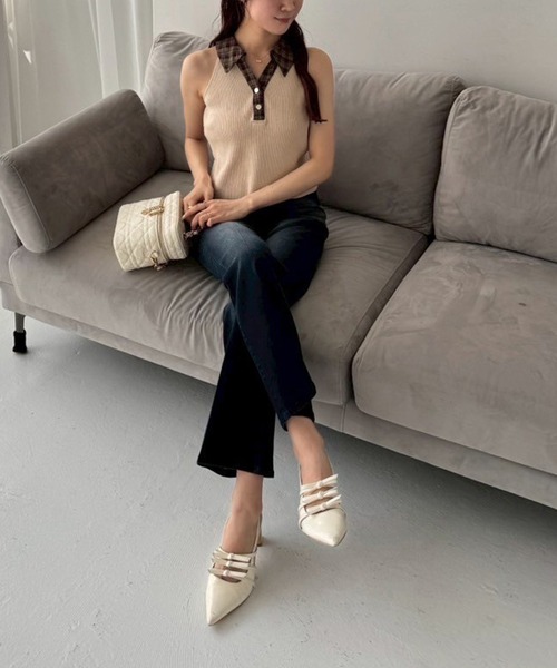 one after another NICE CLAUP(ワンアフターアナザーナイスクラップ)の「襟付きノースリニット(ニット/セーター・レディース・ブラック/ネイビー/ベージュ・FREE)」の12枚目の写真