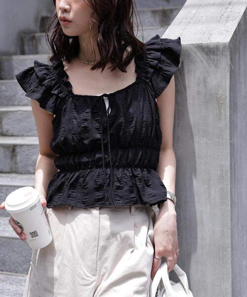 FREE'S MART（フリーズマート）の「◆前後２ＷＡＹ肩フリルシャーリングペプラムブラウス（シャツ/ブラウス・レディース・イエロー/ホワイト系その他/ブラック・FREE）」の22枚目の写真