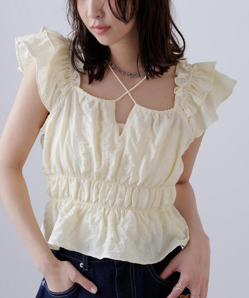 FREE'S MART（フリーズマート）の「◆前後２ＷＡＹ肩フリルシャーリングペプラムブラウス（シャツ/ブラウス・レディース・イエロー/ホワイト系その他/ブラック・FREE）」の16枚目の写真