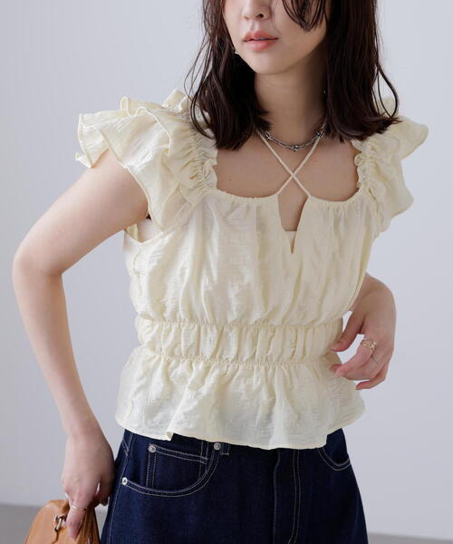 FREE'S MART（フリーズマート）の「◆前後２ＷＡＹ肩フリルシャーリングペプラムブラウス（シャツ/ブラウス・レディース・イエロー/ホワイト系その他/ブラック・FREE）」の18枚目の写真