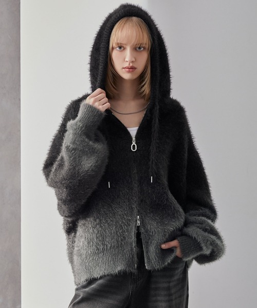 バーバリーブルーレーベル　ブラック　ニット　ファー　カーディガン　パーカー　黒 ボリュームショート シャギーニットパーカー（パーカー）｜Loose