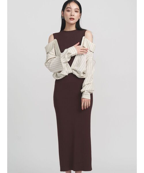 ラグナムーン シャツドッキングリブニットワンピース ブラウン 白 シャツドッキングリブニットワンピース 秋服(ワンピース