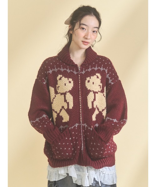 merry jenny(メリージェニー)の「bear cowichan knit(カーディガン/ボレロ・レディース・ライトブルー/アイボリー/ボルドー/ネイビー・FREE)」の4枚目の写真