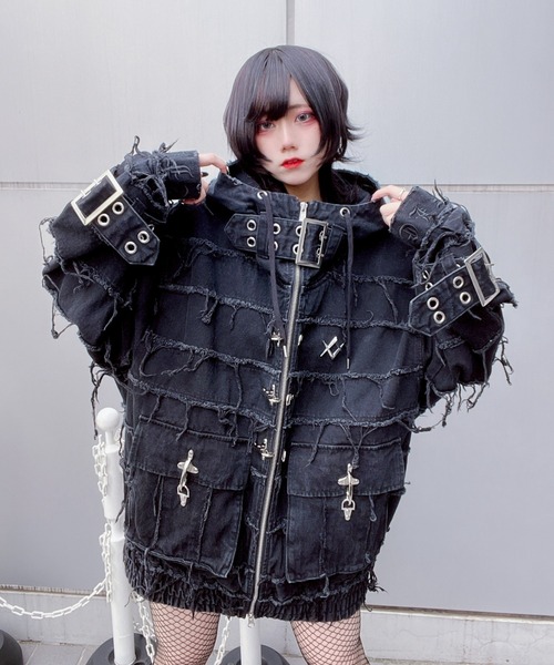 REFLEM/レフレム』継ぎ接ぎベルト付きハイネックZIPパーカー/ジップ