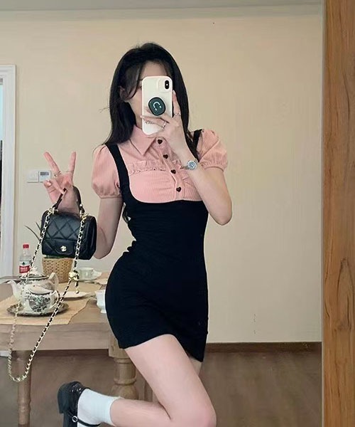 gossip!ロサンゼルス(ゴシップロサンゼルス)の「ポロレイヤリング タイトシルエットワンピース ハートボタン&ツートンカラー ミニワンピース(ワンピース・レディース・ピンク/ベージュ・S/M)」の13枚目の写真