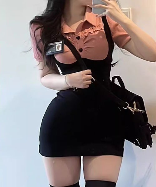 gossip!ロサンゼルス(ゴシップロサンゼルス)の「ポロレイヤリング タイトシルエットワンピース ハートボタン&ツートンカラー ミニワンピース(ワンピース・レディース・ピンク/ベージュ・S/M)」の20枚目の写真