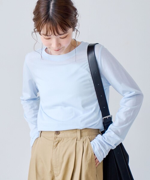 【サックスブルー】コットンナイロンシアークルーネックプルオーバー coen（コーエン） tシャツ 「再入荷・新色登場」コットンナイロン