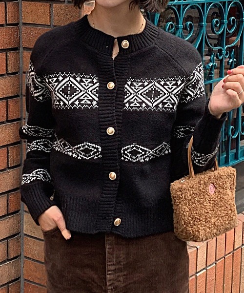 セール】ノルディック柄ショート丈ニットカーディガン（カーディガン