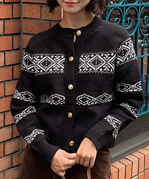 セール】ノルディック柄ショート丈ニットカーディガン（カーディガン