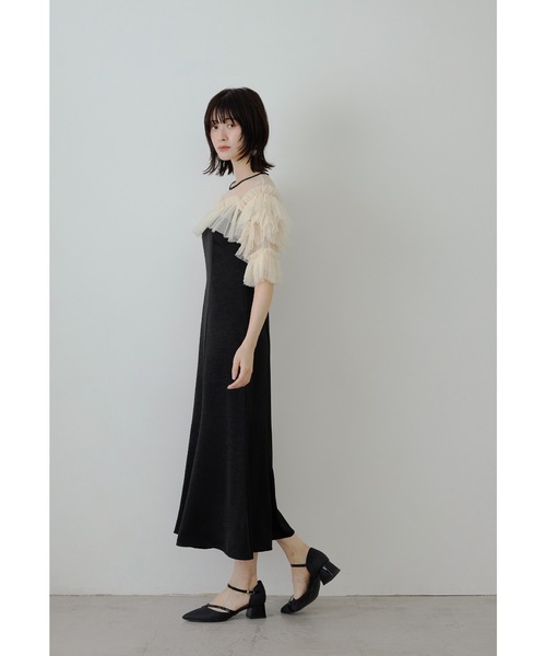 【オケージョン】チュールフリルベロアワンピース 結婚式 お呼ばれドレス 二次会 チュールフリルサテンフレアドレス パーティードレス オケージョン