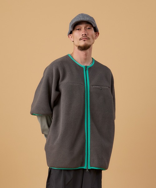 BURLAP OUTFITTER（バーラップアウトフィッター）の「PILE S/S JACKET/ パイル ショートスリーブ ジャケット（ノーカラージャケット・メンズ・ブラック/ナチュラル/チャコールグレー・LARGE/MEDIUM）」の3枚目の写真
