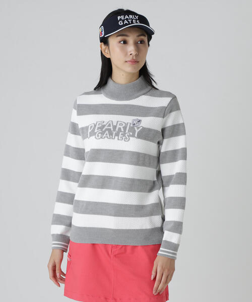 PEARLY GATES(パーリーゲイツ)の「【PEARLY GATES】10G天竺ボーダー柄モックネックニットプルオーバー(Tシャツ/カットソー・レディース・グレー系その他/ホワイト系その他・LARGE/SMALL/MEDIUM)」の2枚目の写真
