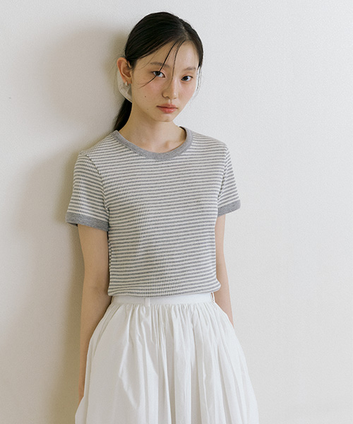 LINGSEOUL(リングソウル)の「stripe linger t-shirts-ivory/melange(Tシャツ/カットソー・レディース・その他・FREE)」の2枚目の写真