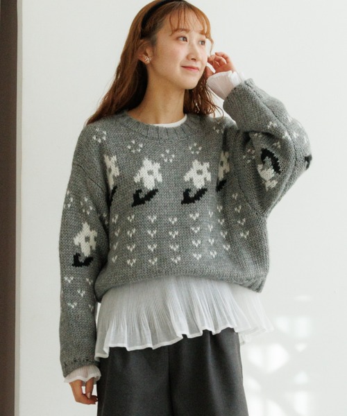 flower（フラワー）の「フローラルノルディックニット（ニット/セーター・レディース・アイボリー/グレー・FREE）」の2枚目の写真